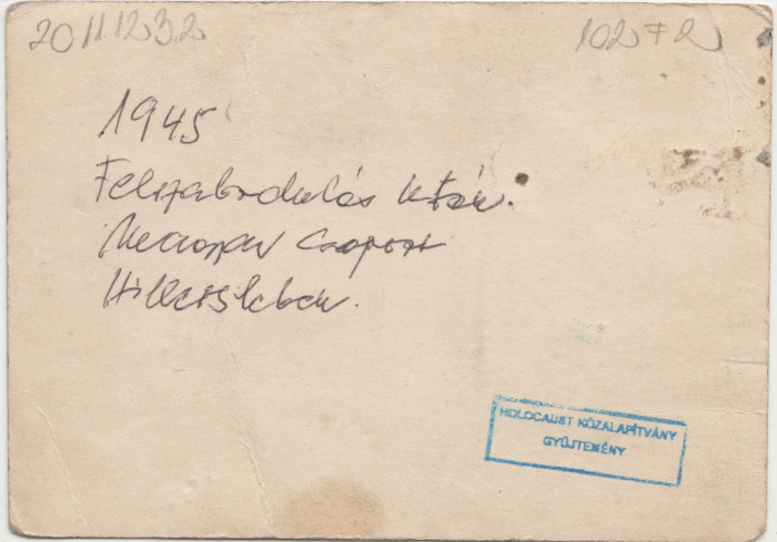 Reisinger Zoltán és társai felszabadulás után Hillerslebenben kép hátulján kézzel írt szöveg