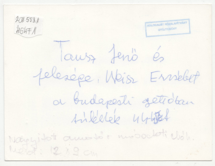 Tausz Jenő és Weisz Erzsébet fotó hátoldalán kézzel írt szöveg