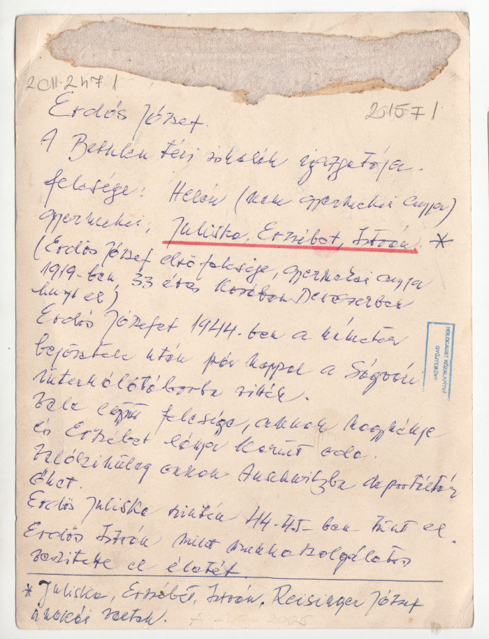 Kép az Erdős családról hátoldalán kézzel írt szöveg