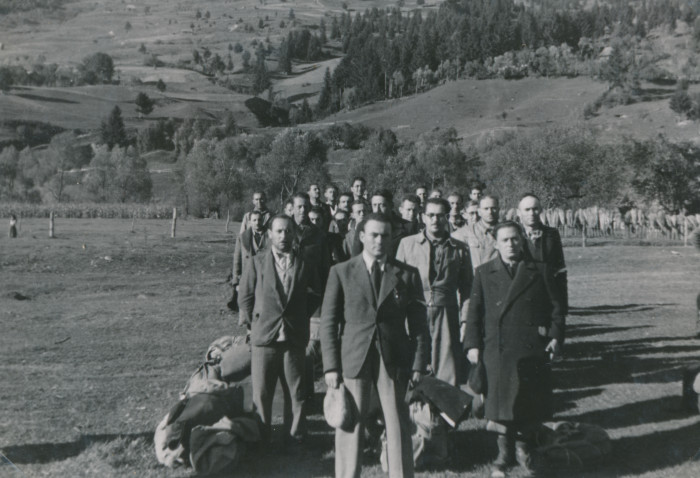 Munkaszolgálatosok egy csoportja kivagonírozva egy mezőn Borsán