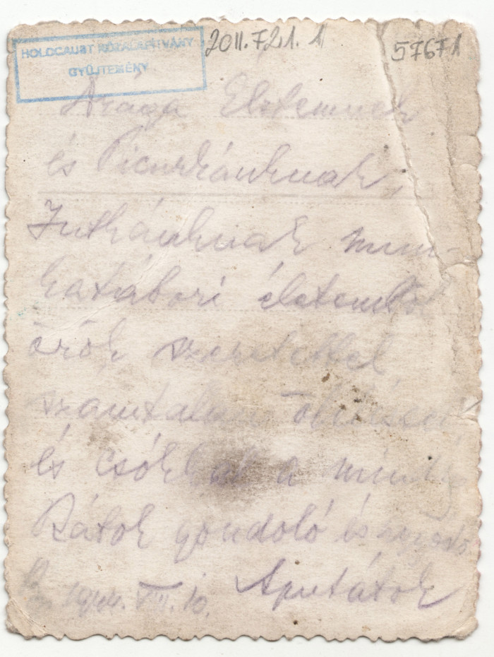 Trepper Pál munkaszolgálaton kép hátoldalán kézzel írt szöveg