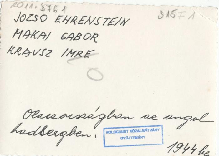 Jozsó Ehrenstein, Makai Gábor és Krausz Imre képe hátoldalán kézzel írt szöveg