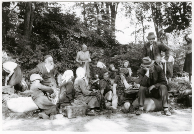 Magyarországról deportált zsidók csoportja Goluchowszki Agenor gróf kastélyának parkjában pihenőt tart