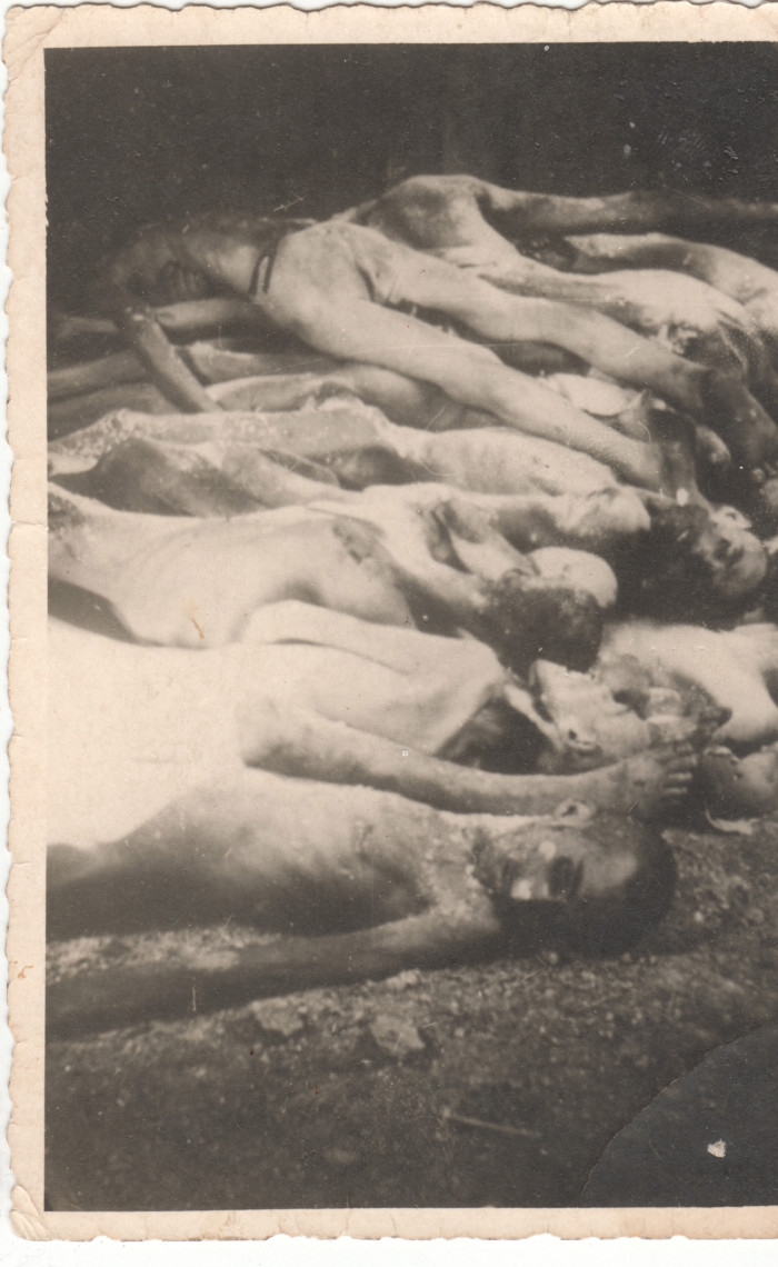 Holttestek halma a felszabadított utáni dachaui táborban