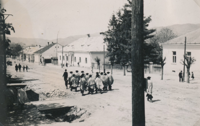 Orthodox zsidó férfiak sétálnak egy erdélyi falu utcáján egy zsidó ünnepen